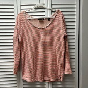 Scotch & Soda wide neck, relaxed fit sweatshirt. orange/grey stripes.